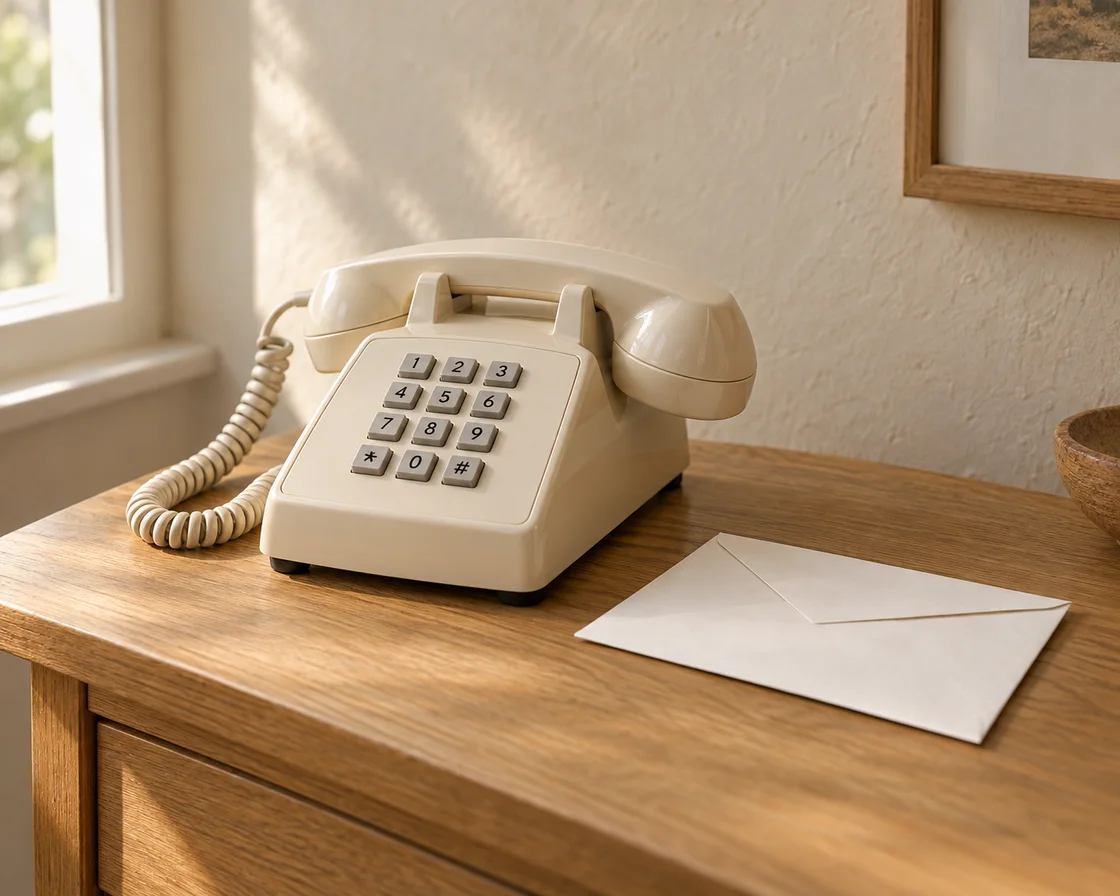 A cream push-button home phone and an envelope on a wooden side table.